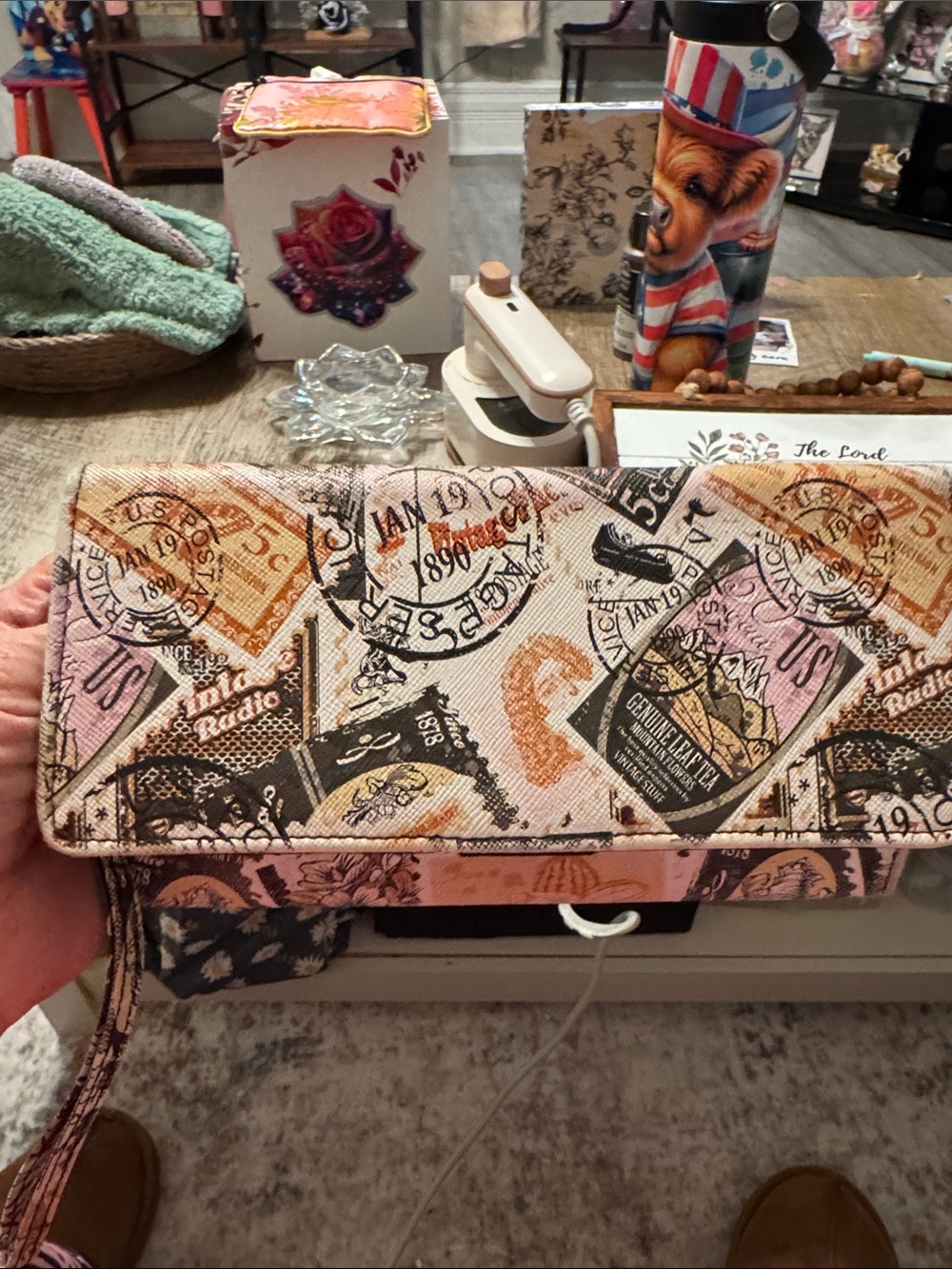 Vintage Stamp-Print Foldover Wallet Clutch in Pink and Tan